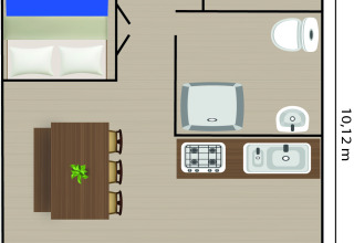 Floor plan of safari tent with two bedrooms, bathroom, kitchen, dining area, and terrace.