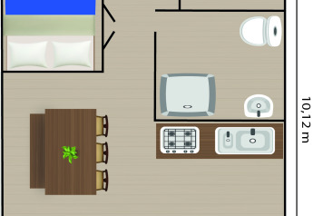 Floor plan of safari tent with two bedrooms, bathroom, kitchen, dining area, and terrace.