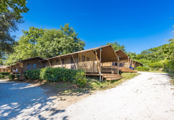 Safari-telt med bad og aircondition på Camping Bijela Uvala i Kroatien, omgivet af grønne træer og solskin.