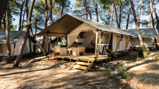 Safari Tent Comfort nei boschi con veranda, mobili da esterno e diverse tende tra gli alberi.