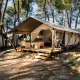 Safari Tent Comfort i en skovområde med terrasse, møbler og flere telte omgivet af høje træer.