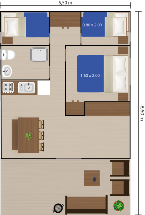 Plattegrond van een safaritent met sanitair op Camping Aminess Maravea in Kroatië, inclusief slaapkamers.