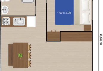 Plantegning af safaritelt med sanitære faciliteter på Camping Aminess Maravea i Kroatien, inklusive soverum.