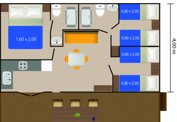 Plattegrond van een stacaravan in Camping Bijela Uvala, Kroatië, met slaapkamers, badkamer en keuken.