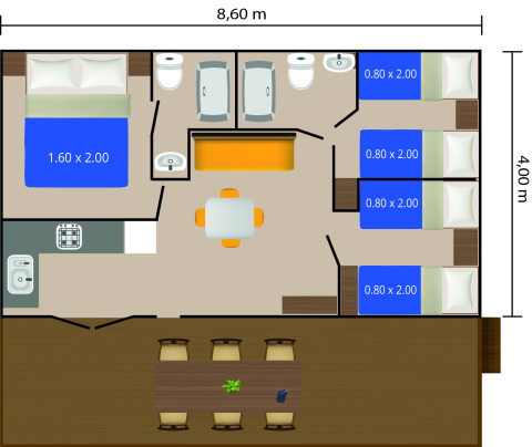 Plattegrond van een stacaravan op Camping Bijela Uvala, Kroatië, met slaapkamers, badkamer en keuken.