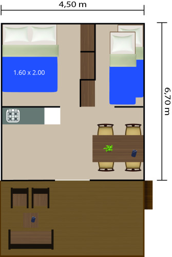 Plan de la tente safari Bella Vista avec climatisation au Camping Bijela Uvala en Croatie, comprenant deux lits, coin repas et kitchenette.