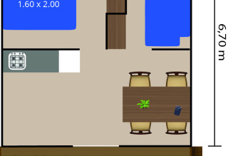 Floor plan of Safari tent Bella Vista with air conditioning at Camping Bijela Uvala, Croatia, with two beds, dining area, and kitchenette.