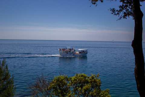 Båd med turister sejler på det blå hav nær Vrsar, Istrien, Kroatien, under en klar og solrig himmel.