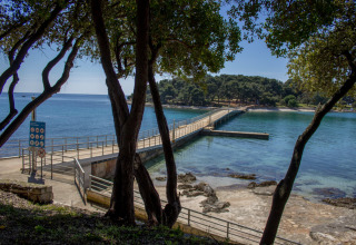 Vue sur une jetée et la mer à travers des arbres, Koversada Camping Resort, Istrie, Croatie, journée ensoleillée.