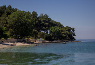 Kustlijn bij Koversada Camping Resort in Istrië, Kroatië, met bomen, strand en rustig zeewater.