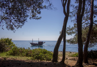 Blick vom Koversada Camping Resort in Istrien, Kroatien, auf ein Schiff auf dem Meer zwischen Bäumen.