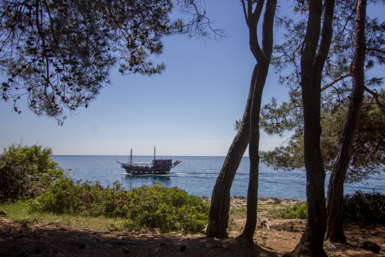 Vue sur la mer depuis Koversada Camping Resort en Istrie, Croatie, avec un bateau encadré par des pins.