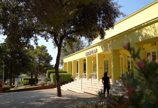 Receptionen ved Camping Porto Sole feriepark i Istrien, Kroatien, omgivet af træer og sommerstemning.