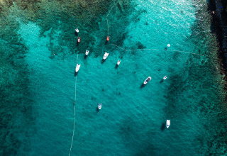 Foto aerea di barche ancorate nelle acque turchesi a Camping Porto Sole, Istria, Croazia.