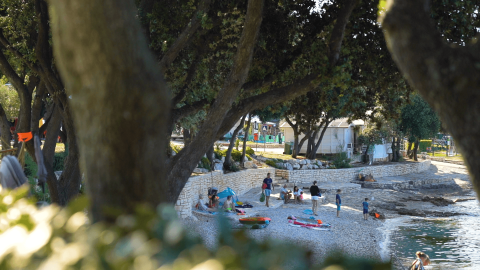 Persone si rilassano sulla spiaggia di ciottoli al Camping Porto Sole, Istria, Croazia, tra alberi frondosi.