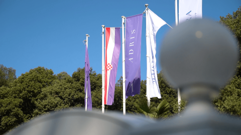 Flag foran grønt løv og blå himmel i Camping Porto Sole, en feriepark i Istrien, Kroatien.