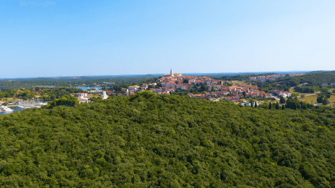 Vista aérea de Camping Porto Sole en Istria, Croacia, con colinas verdes y un pintoresco pueblo al fondo.