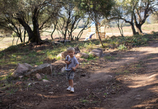 Een kind speelt in een bosrijk gebied met een speeltuin op de achtergrond bij Feather Down Figari Corsica, Frankrijk.
