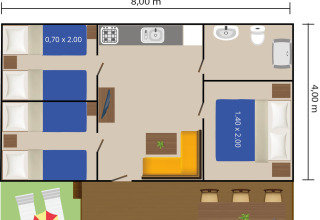 Plano de la casa móvil Capri con tres dormitorios, baño, cocina y terraza en Camping Zelena Laguna, Croacia.