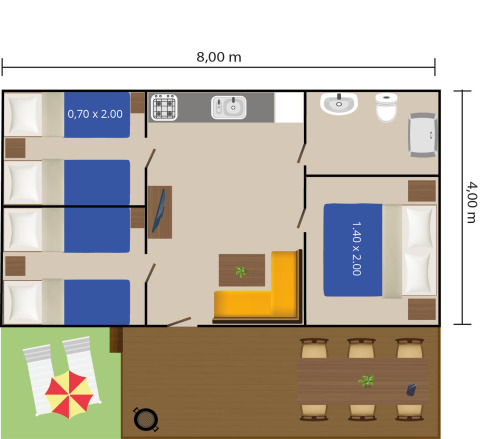 Plano de la casa móvil Capri con tres dormitorios, baño, cocina y terraza en Camping Zelena Laguna, Croacia.