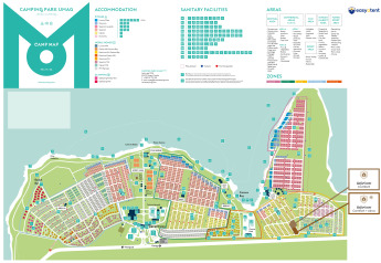Übersichtskarte des Camping Park Umag mit Parzellen, Sanitäranlagen und Safari-Zeltstandorten markiert.