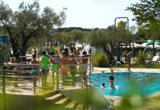 Børn og voksne nyder poolområdet omgivet af træer på Camping Polari feriested i Istrien, Kroatien.