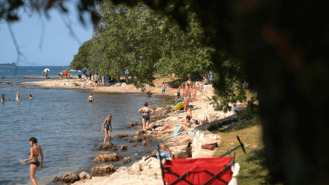Persone che prendono il sole e nuotano a Camping Polari, parco vacanze in Istria, Croazia, vicino alla riva rocciosa.