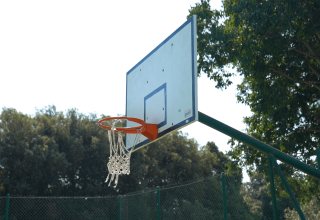 Udendørs basketballkurv på Camping Polari, en feriepark i Istrien, Kroatien, omgivet af træer og hegn.