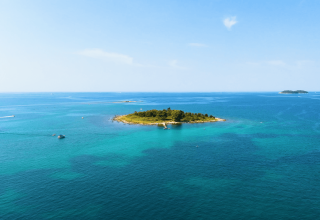 Luftfoto af en lille ø med frodig vegetation omgivet af det turkisblå hav nær Rovinj i Istrien, Kroatien.