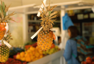Ananas fresco appeso in una bancarella di frutta al Camping Polari, parco vacanze in Istria, Croazia.