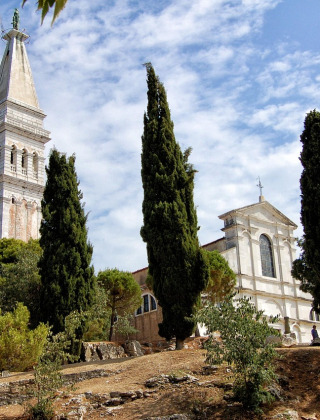Iglesia histórica con torre alta entre árboles y cielo azul, vista desde un parque vacacional de glamping.