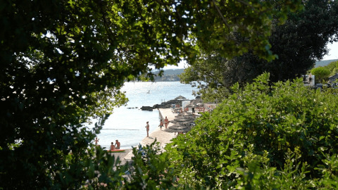 Vista tramite il verde sulla spiaggia di Camping Krk, Primorje-Gorski Kotar, Croazia, con ombrelloni.