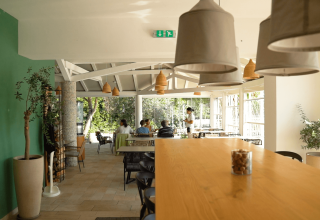 Lyst, moderne restaurantinteriør med grønne planter og naturligt lys, Camping Krk i Kroatien.
