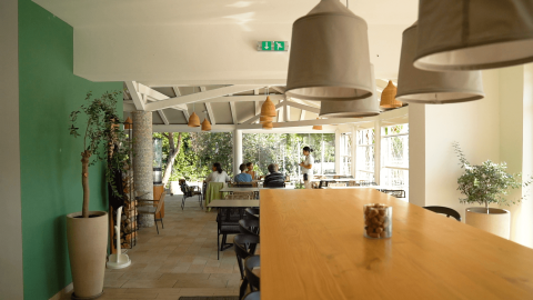 Interior de restaurante moderno y luminoso con plantas en Camping Krk, en Croacia.
