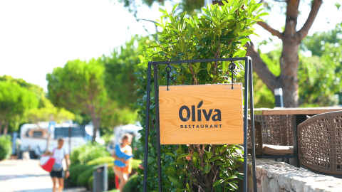 Insegna di legno del ristorante Oliva presso Camping Krk, circondata da piante verdi, in Croazia.
