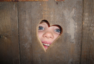 Un enfant regarde à travers un trou en forme de cœur dans un mur en bois au Feather Down Hohenwarter Seehof, Allemagne.