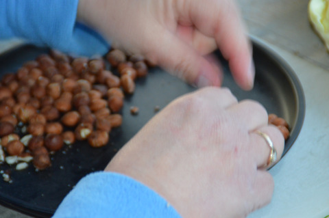 Manos clasificando nueces en una bandeja, posiblemente en Feather Down Hohenwarter Seehof, Turingia, Alemania.