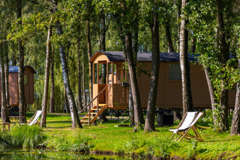 Wooden cabins by a lake in lush forest near Kinrooi, Belgian Limburg, with deckchairs on the grass.