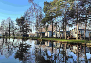 Lago tranquillo riflette alberi e bungalow sotto cielo azzurro a Camping Papillon, Limburgo, Belgio.