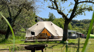 Tienda tipi en un campamento verde, rodeada de árboles y césped bajo un cielo azul brillante de verano.