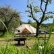 Udendørs glampingplads med Tipi-telt, grønne træer og mark under en klar blå himmel om sommeren.