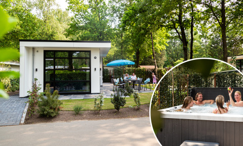 Modern tiny house called Special Wellness Module (Spa) with patio, garden, and guests enjoying outdoor hot tub.