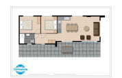 Plano de la Special Wellness Module (Spa) tiny house en Holiday Park Gelloo, Países Bajos, con dos dormitorios.