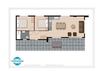 Plattegrond van de Special Wellness Module (Spa) tiny house in Holiday Park Gelloo, Nederland, met twee slaapkamers.