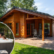 Træhytte med overdækket terrasse og boblebad, Log Cabin II Wellness, fire personer nyder udendørs spa.