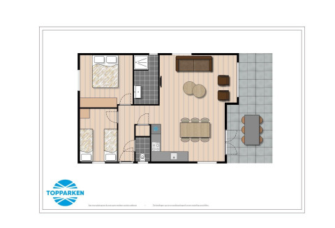 Plantegning af Log Cabin II Wellness ved Résidence de Leuvert i Holland, med to soveværelser og terrasse.