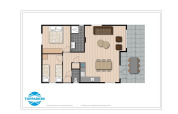 Grundriss von Log Cabin II Wellness in Résidence de Leuvert, Niederlande, mit zwei Schlafzimmern und Terrasse.