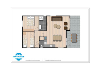 Plattegrond van Log Cabin II Wellness bij Résidence de Leuvert in Nederland met twee slaapkamers en terras.