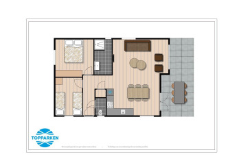 Floor plan of Log Cabin II Wellness at Résidence de Leuvert in the Netherlands, showing two bedrooms and terrace.