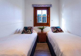Cozy bedroom with two single beds, a window, and a plant at Log Cabin II Wellness in the Netherlands.
